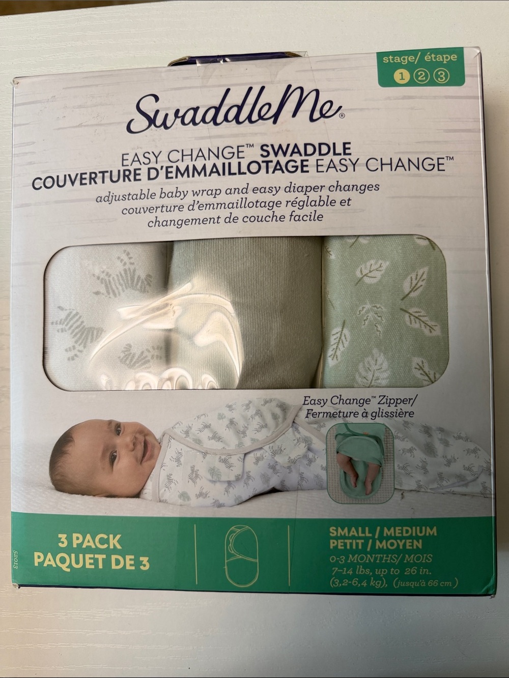NWOT SwaddleMe 3-Pack Easy Change Swaddles in Sage Green and White Leaf Prints